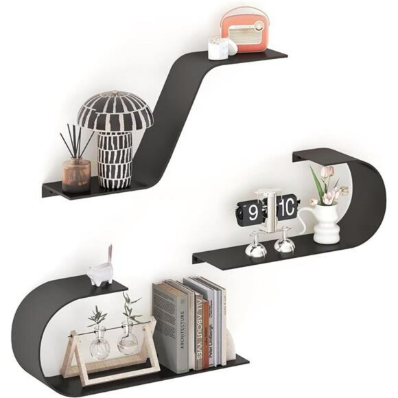 Black Metal Floating Shelves Set of 3 Wall Mounted Shelf for Home Decor - Picture 1 of 8